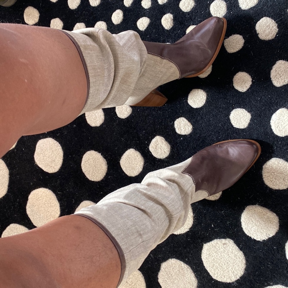 French Connection Leather boot with linen shaft.